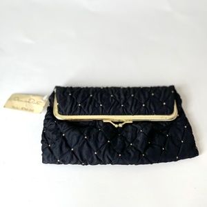 Oscar De La Renta Black with Gold beads Cosmetic Bag with Mirror NWT